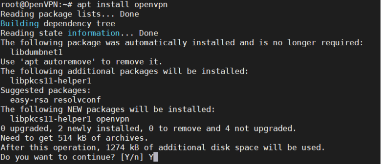 คำสั่ง #apt install openvpn  และกด Y